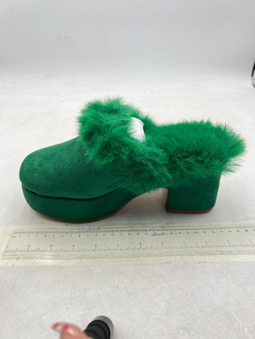 Green Fur Women Platform Round Toe Mule Clogs Slip On Chunky High Heels Slippers
